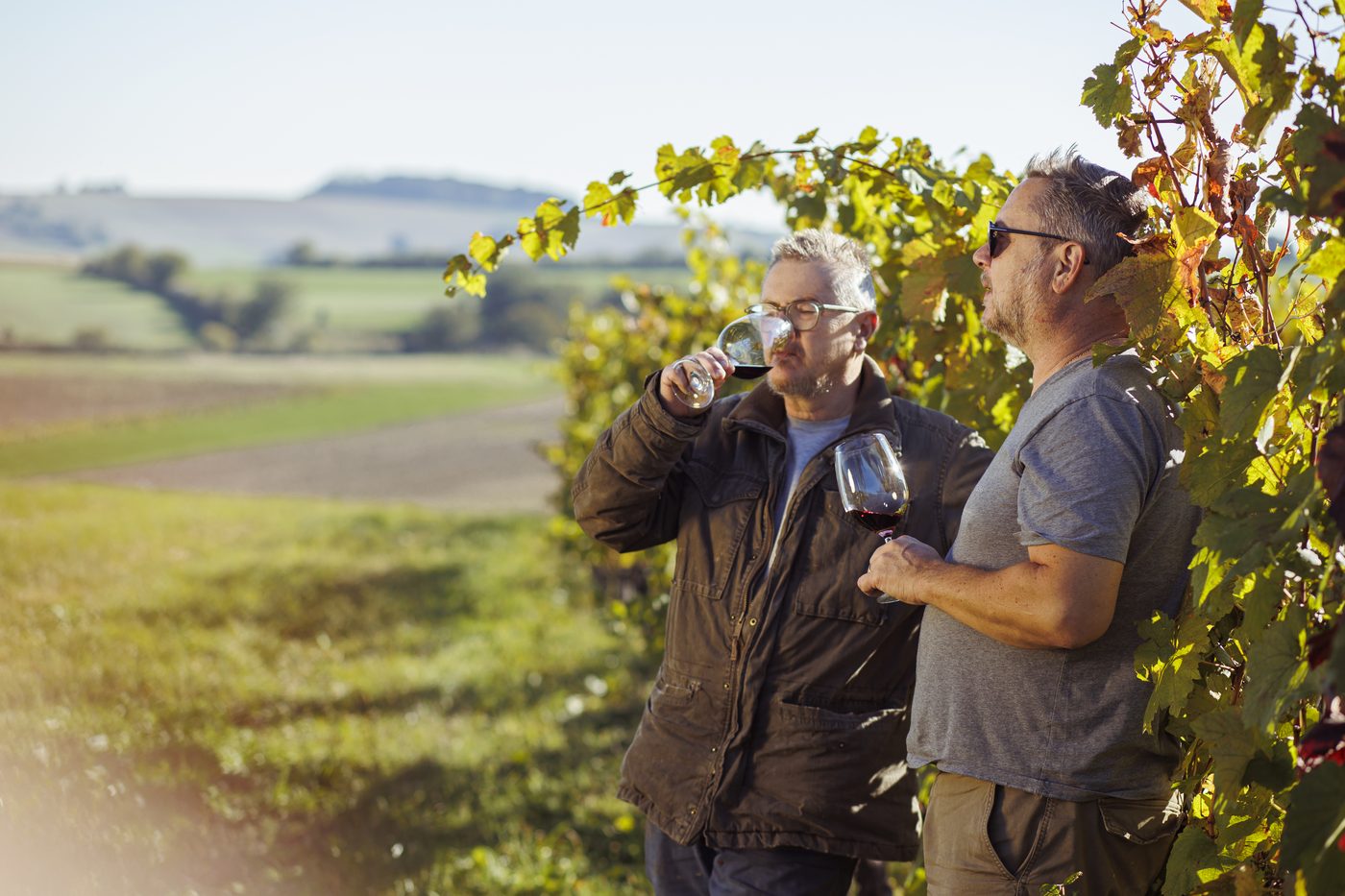 Herbert Schuller verkostet Wein mit Blick über die Weingärten von Zagersdorf